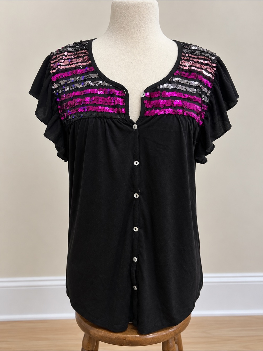 Black Flutter Sleeve Button-Front Top with Pink Sequin Top
